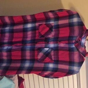 Pink blue black and white plaid polo tee